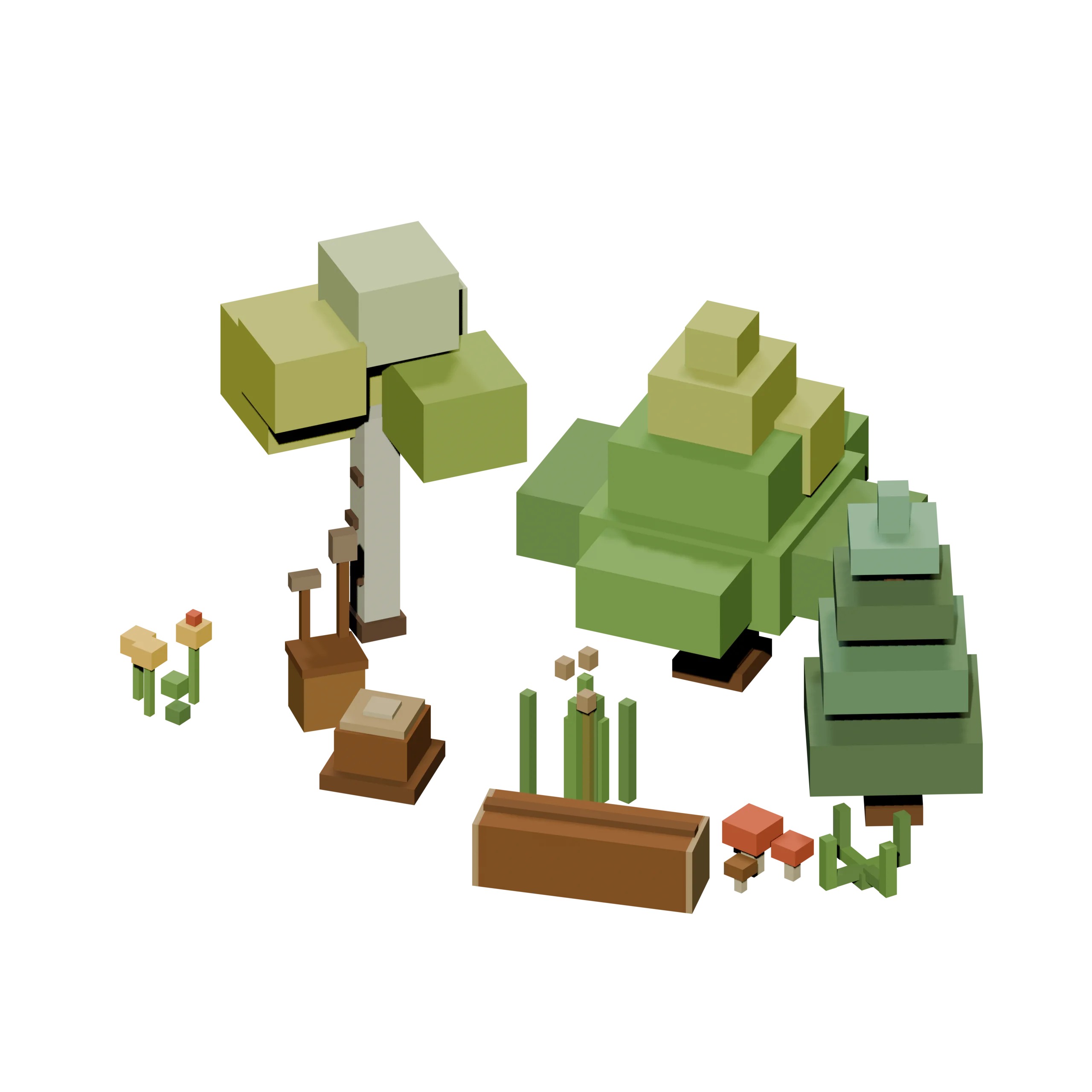 A forest diorama: blocky oak, birch, and pine trees around a stump, with an axe left leaning nearby.