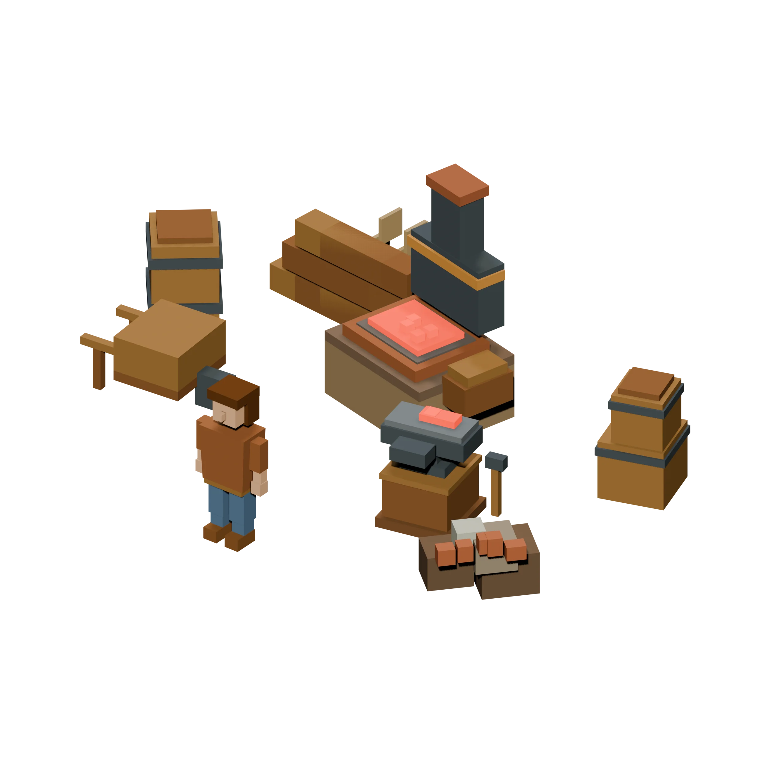 A smithing-corner diorama: forge and anvil with warm coals, lumber and crates around, and a smith standing by.