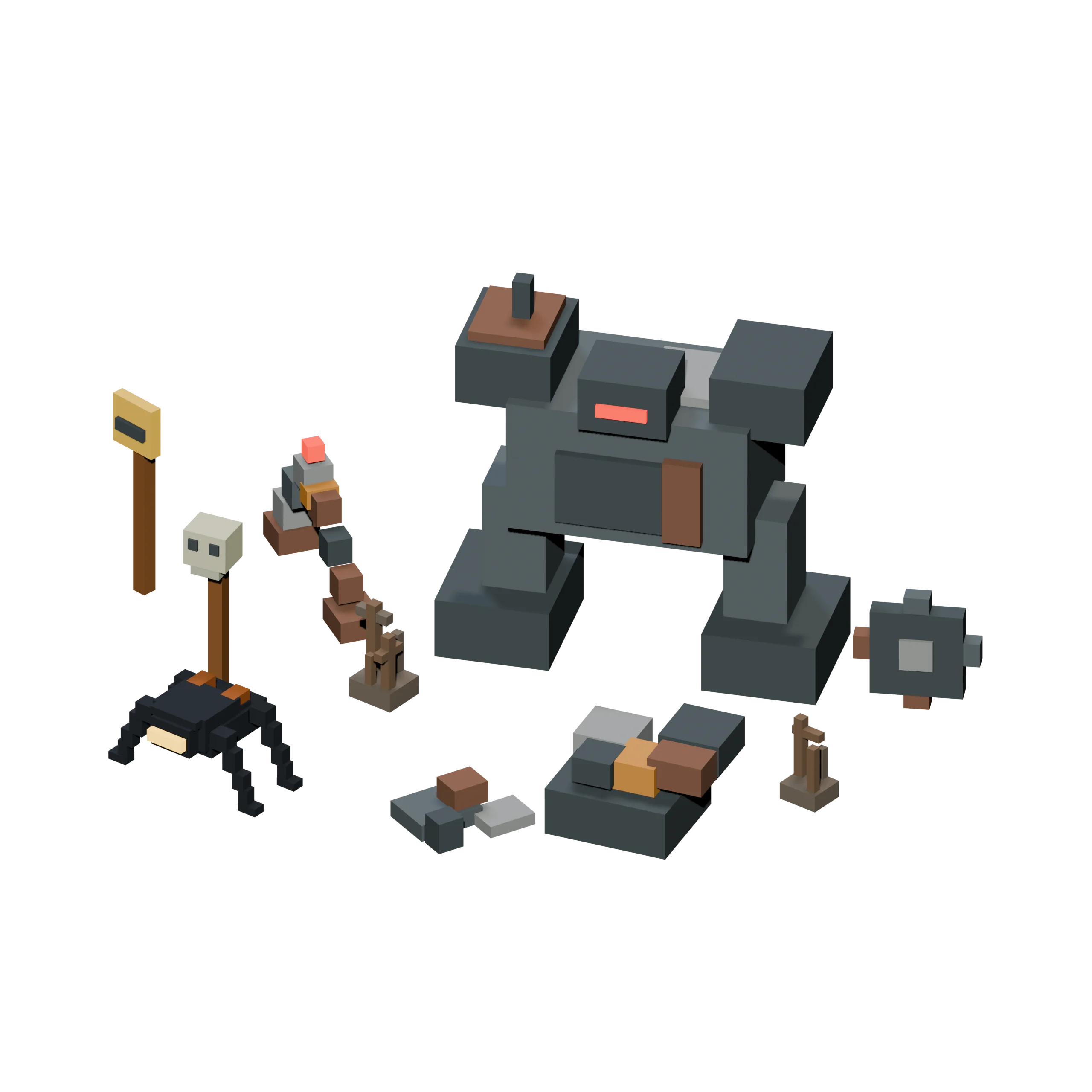 A frontier diorama: the hulk of a dead machine among warning stakes and scrap, with a small spider-like machine prowling.
