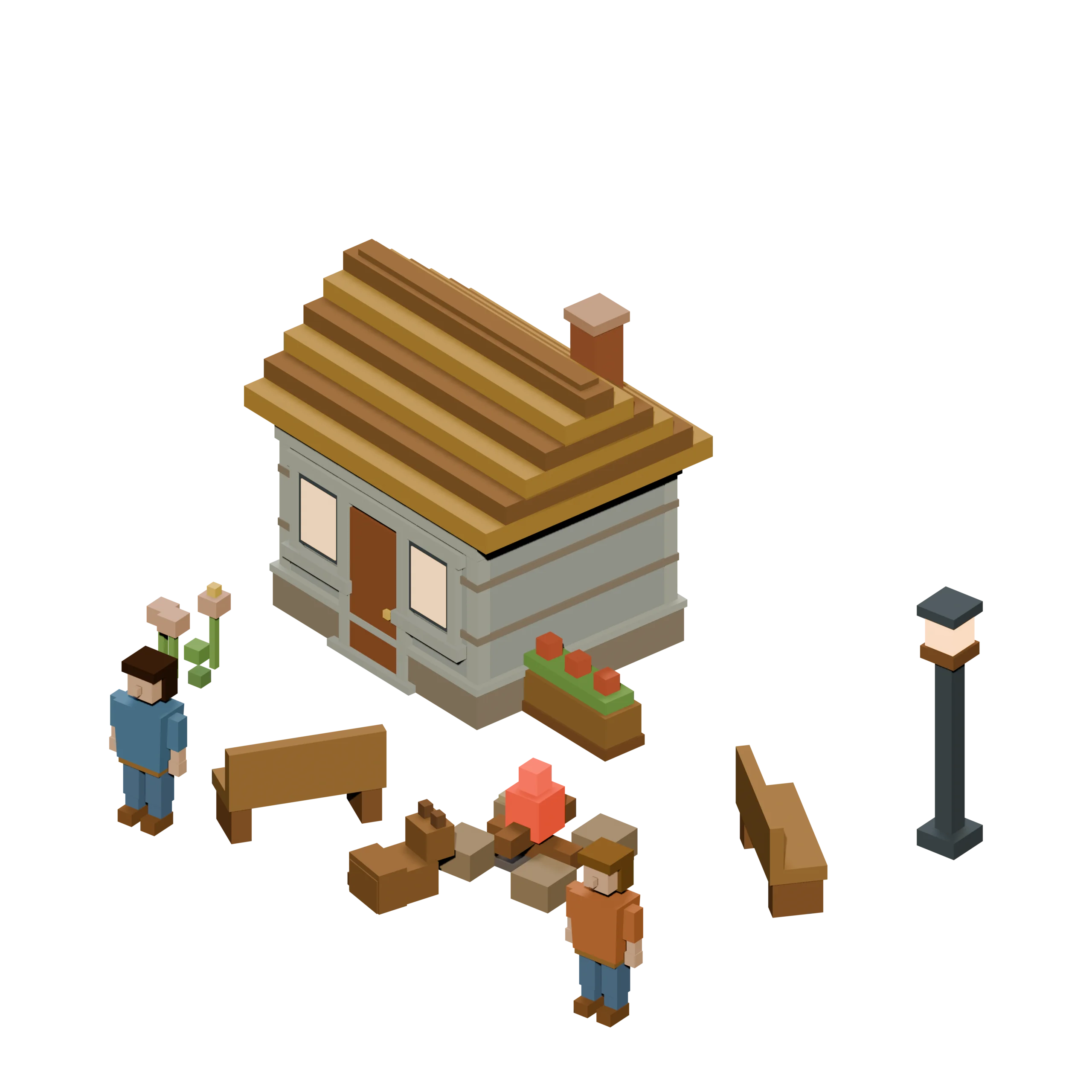 A stone cottage diorama with neighbours gathered around a small firepit, benches, and a lamppost.