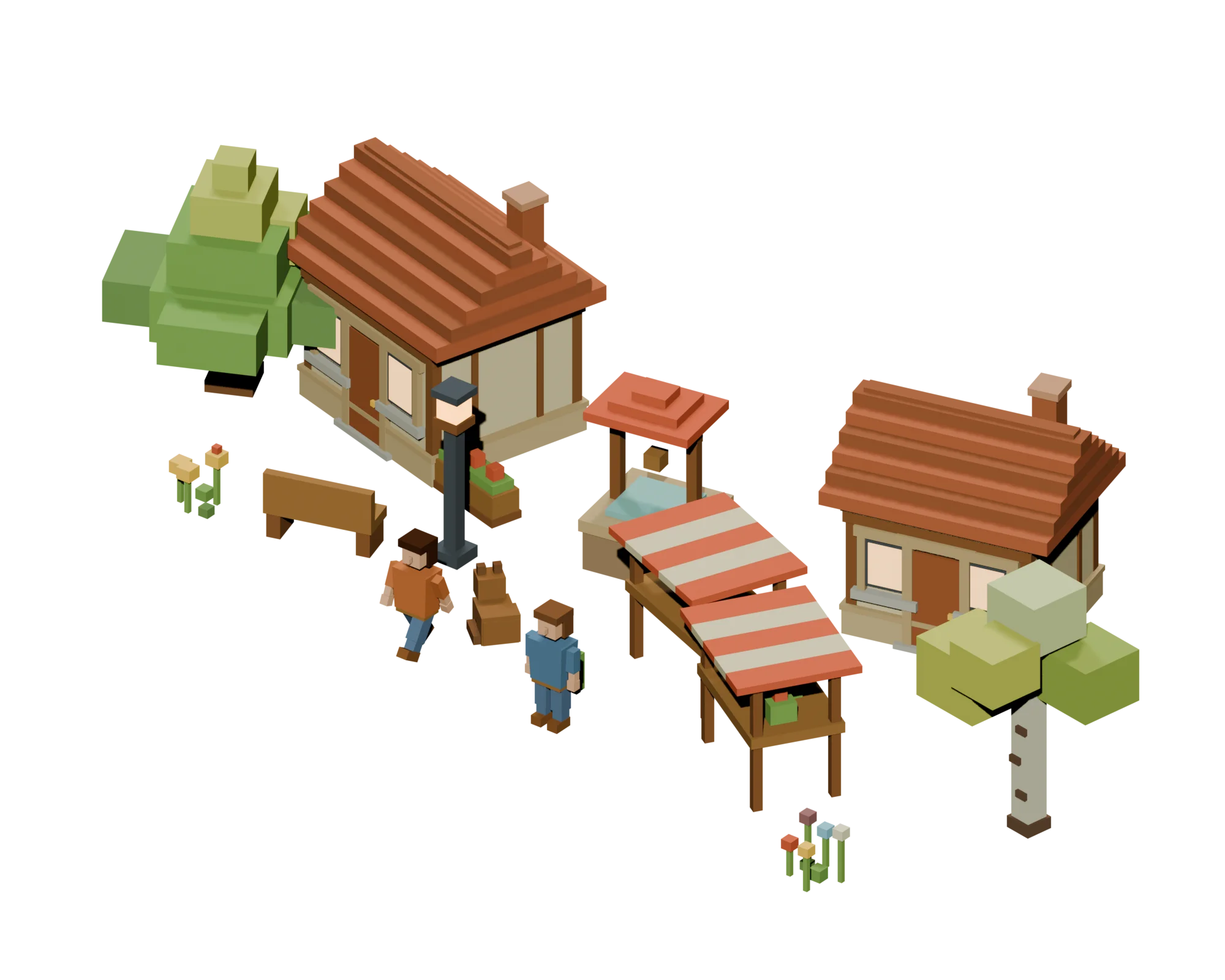 A miniature town scene from Migla: two timber cottages, market stalls, a well, and villagers chatting under a lamppost.