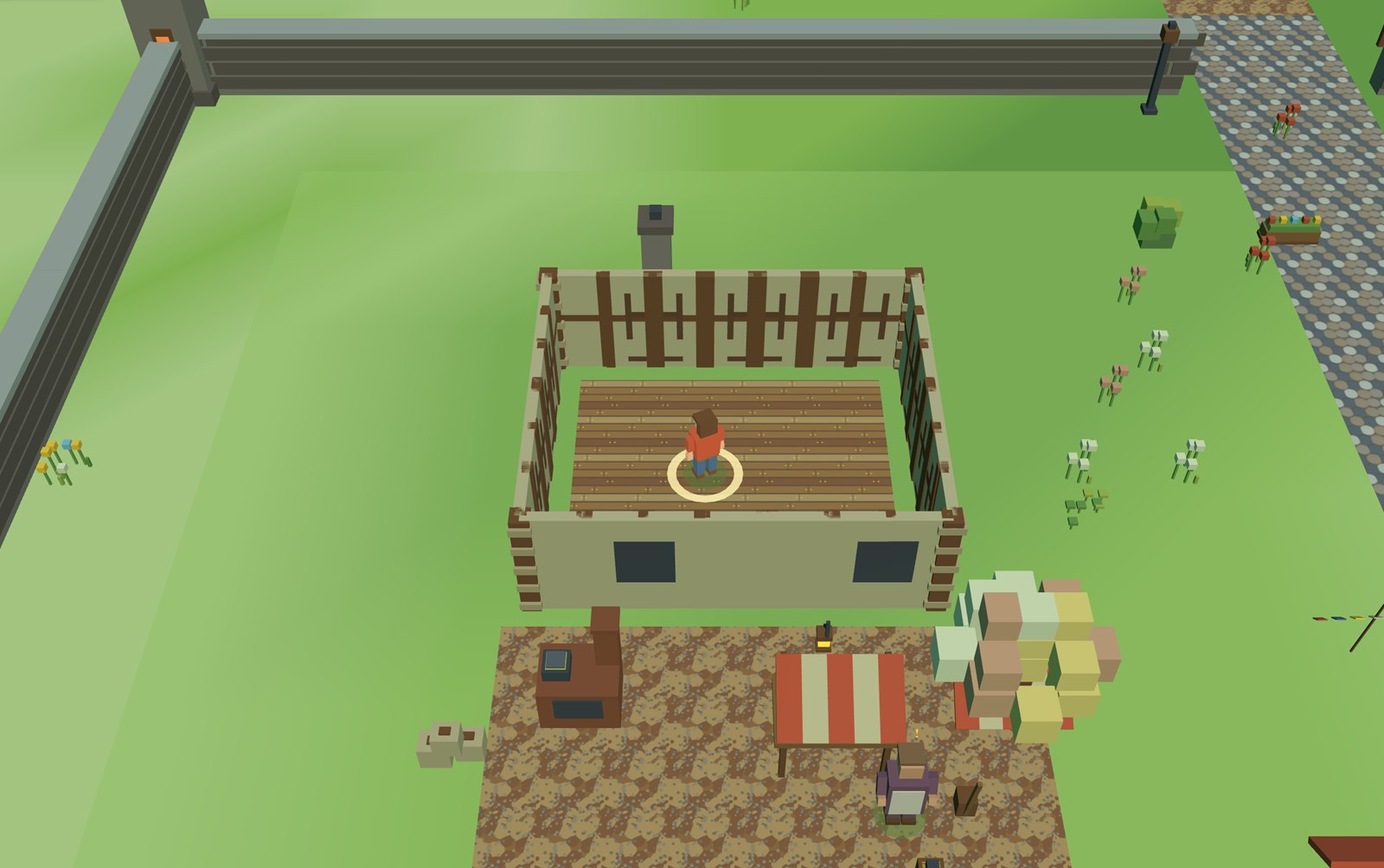 Inside a cottage with the roof faded away, showing the hearth and furniture.