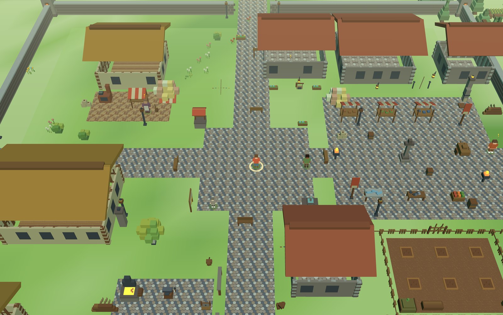 An aerial view of a small walled town in Migla: cream cottages, green lawns, and mist at the edges.
