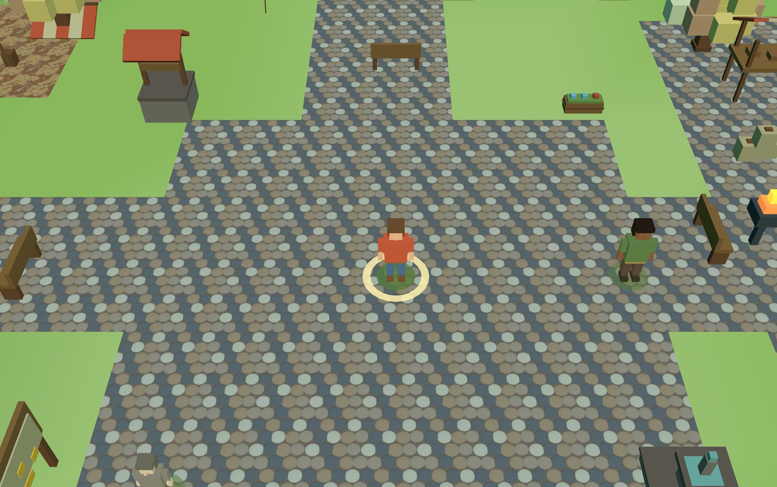 A character standing on the town green among trees, crafting stations, and cottages.